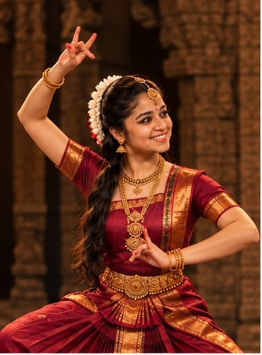 Editorial artwork: Abhilasha in a red and gold Bharatanatyam costume, mid-pose.