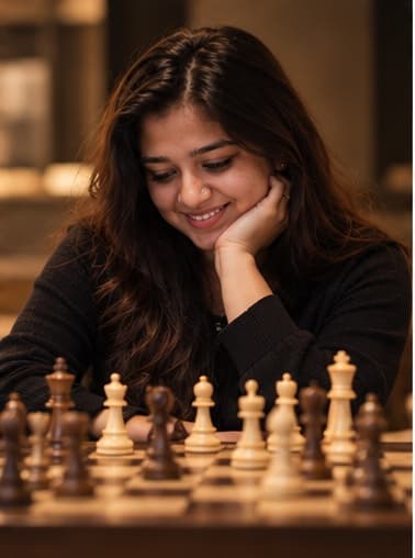 Editorial artwork: Abhilasha leaning over a chessboard, studying the position.