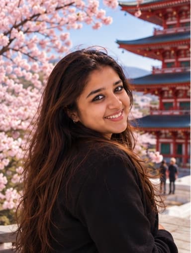 Editorial artwork: Abhilasha beneath cherry blossoms beside a red pagoda.